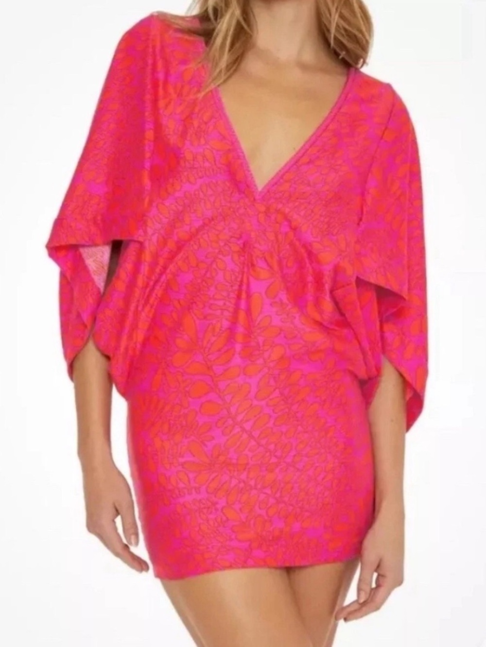 NWT Trina Turk Trellis Hot Pink & Coral Floral V-Neck Swim Coverup Size S